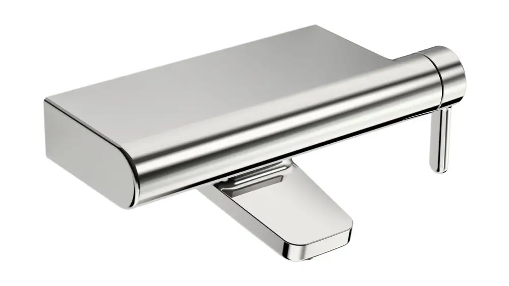 Einhebelmischer in Chromausführung mit einer flachen, rechteckigen Form und einem seitlichen Hebel, hergestellt von HANSA. Ideal für moderne Badezimmer.